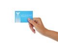 Woman hand holding card on white background. Medical service concept Royalty Free Stock Photo