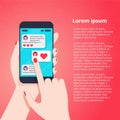 Woman hand holding cellphone with love chat communication. Vector illustration