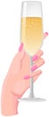 Sparkling wine, light alcoholic drink for holiday celebration. Female hand with champagne