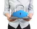 Woman hand holding cloud shape lock with smart tablet Royalty Free Stock Photo
