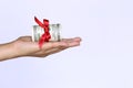 Woman hand holding dollas banknotes with red ribbon on white background, investment and business concept