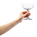 Woman hand holding empty champagne glass isolated on white Royalty Free Stock Photo