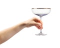 Woman hand holding empty champagne glass isolated on white