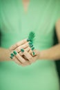 Woman hand holding exotic bird feather, sensual studio shot in green Royalty Free Stock Photo