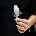 Woman hand holding exotic bird feather, sensual studio shot Royalty Free Stock Photo