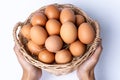 Woman hand holding fresh eggs collected inside wicker basket, suitable as a food ingredient or giving present. Royalty Free Stock Photo