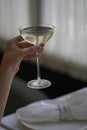 Woman hand holding glass with martini cocktail, close-up Royalty Free Stock Photo