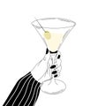 woman hand holding glass of martini, time to relax concept, alcohol drink illustration in black and white style Royalty Free Stock Photo