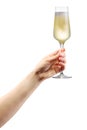 Woman hand holding glass of sparkling champagne isolated on white Royalty Free Stock Photo