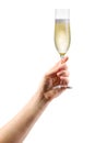 Woman hand holding glass of sparkling champagne isolated on white Royalty Free Stock Photo