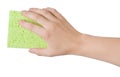 Woman hand holding green cleaning sponge isolated on white Royalty Free Stock Photo