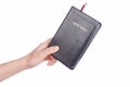 Woman hand holding the Holy Bible on white Royalty Free Stock Photo