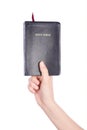 Woman hand holding the Holy Bible on white Royalty Free Stock Photo