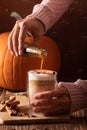 Woman hand holding homemade pumpkin spice latte made from scratch Royalty Free Stock Photo