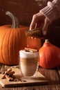 Woman hand holding homemade pumpkin spice latte made from scratch Royalty Free Stock Photo