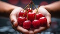 A woman hand holding a juicy, ripe strawberry generated by AI Royalty Free Stock Photo