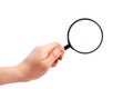 Woman hand holding magnifying glass isolated Royalty Free Stock Photo