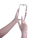 Woman hand holding mobile smartphone with blank screen and  on white background on white background Royalty Free Stock Photo