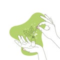 Woman hand holding organic cosmetic bottle. Cosmetics floral organic illustration. Natural ingredient.