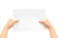 Woman hand holding the paper on white background