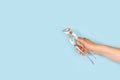 Woman hand holding a parrot beak pliers on a light blue background