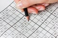 Woman hand holding a pencil and solves crossword sudoku Royalty Free Stock Photo