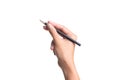 Woman hand holding pencil, writing, drawing, pointing isolated on white Royalty Free Stock Photo