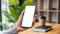 woman hand holding phone with isolated screen in room house Royalty Free Stock Photo