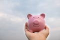 Woman hand holding Pink piggy bank on sky background, step up growing business to success and saving for retirement  concept Royalty Free Stock Photo