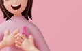 Woman hand holding pink ribbon breast cancer awareness. concept healthcare and medicine. 3D render illustration. Royalty Free Stock Photo