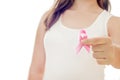 Woman hand holding pink ribbon, breast cancer awareness concept, healthcare and medicine Royalty Free Stock Photo