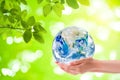 Woman hand holding planet earth globe with green natural in background. Royalty Free Stock Photo