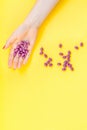 Woman hand holding purple pills handful