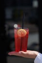 Woman hand holding red cocktail glass with lemon Royalty Free Stock Photo