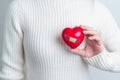 Woman hand holding red heart shape. love, donor, world heart day, world health day and Insurance concepts