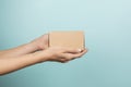 Woman hand holding small brown rectangular cardboard box on light blue background. Mockup parcel box. Packaging