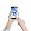 Woman hand holding smart phone finger touching cloud application Royalty Free Stock Photo