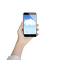 Woman hand holding smart phone with white cloud application Royalty Free Stock Photo