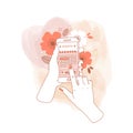 Woman hand holding smartphone with menstruation cycle calendar on watercolor background. Floral phone in hands.