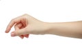 Woman hand holding some like a blank card isolated on a white background. manicured hand