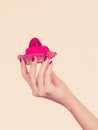 Woman hand holding sweet strawberry cupcake Royalty Free Stock Photo