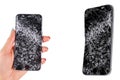 Woman hand holding two modern mobile smartphone broken screen and damages. Cellphone crashed and scratch. Device destroyed. Smash Royalty Free Stock Photo