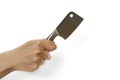 Woman hand holds cleaver on white background close-up, isolated Royalty Free Stock Photo