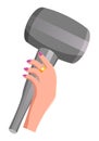 Woman hand holds compact blow dryer. Hair care element. Fashionable hairstyle tool or symbol