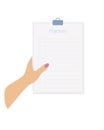 Woman hand holds paper tablet with Planner blue lined for notes, isolated, white background.