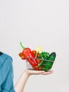 Woman hand holds shopping basket with vegetables Royalty Free Stock Photo