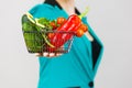 Woman hand holds shopping basket with vegetables Royalty Free Stock Photo