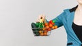 Woman hand holds shopping basket with vegetables Royalty Free Stock Photo