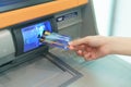 Woman hand  inserting a credit card, into bank machine to withdraw money at  Automated Teller Machine ATM Royalty Free Stock Photo