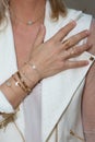 Woman hand with jewellery rings and bracelets fashion style Royalty Free Stock Photo